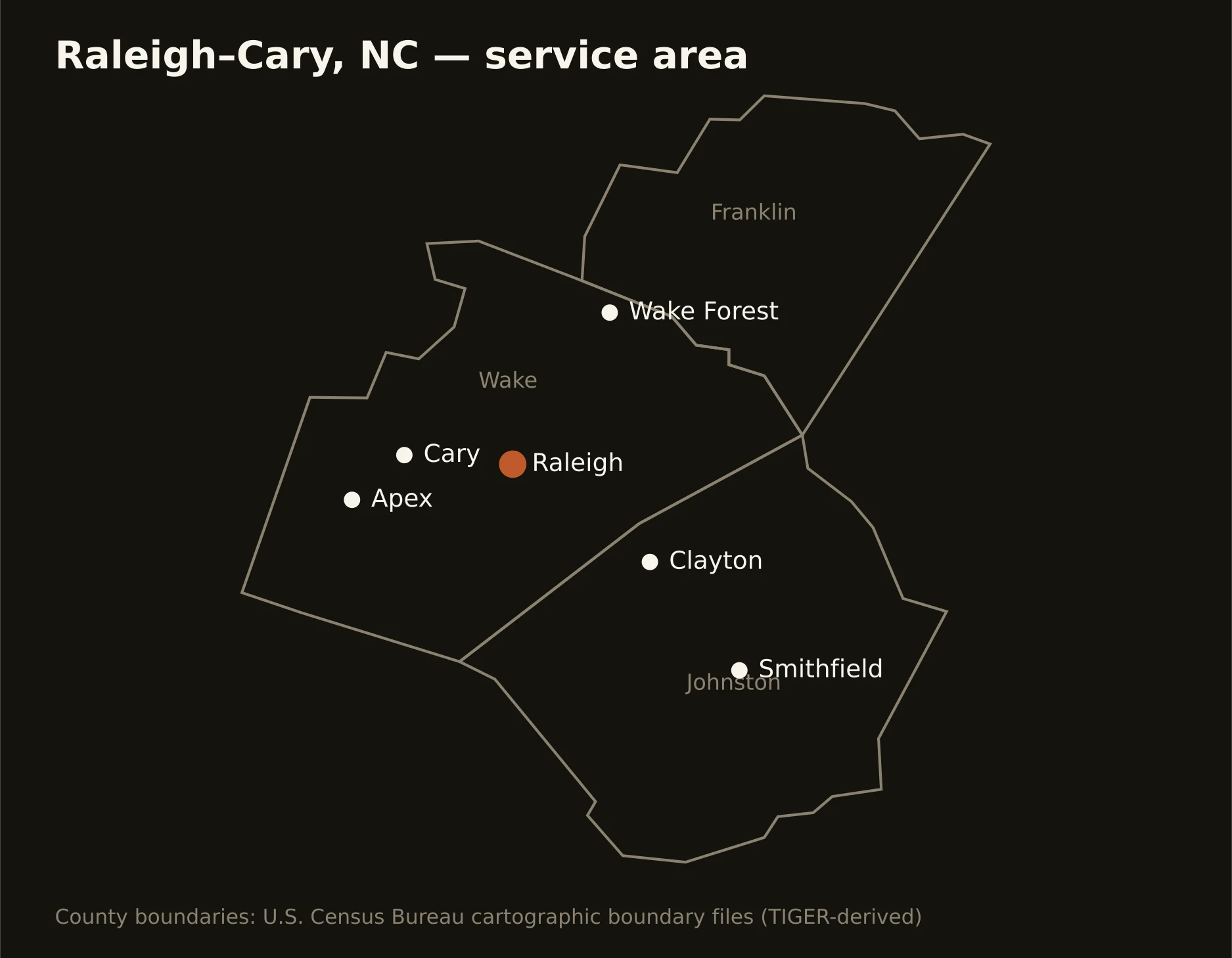 Raleigh–Cary, NC directional drilling service area map — component counties and cities served